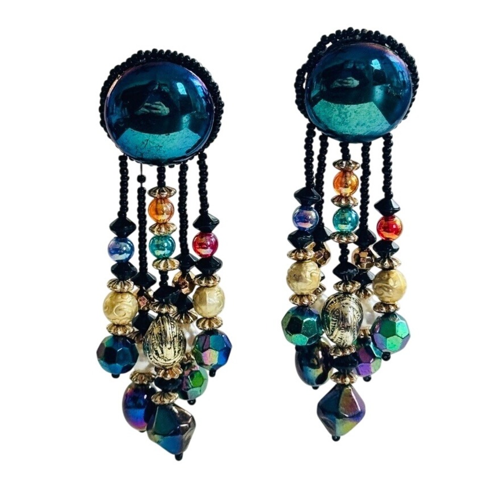 VTG Waterfall Colorful Earrings Dangle Glass acrylic Pierced pearl 80s 3.75"